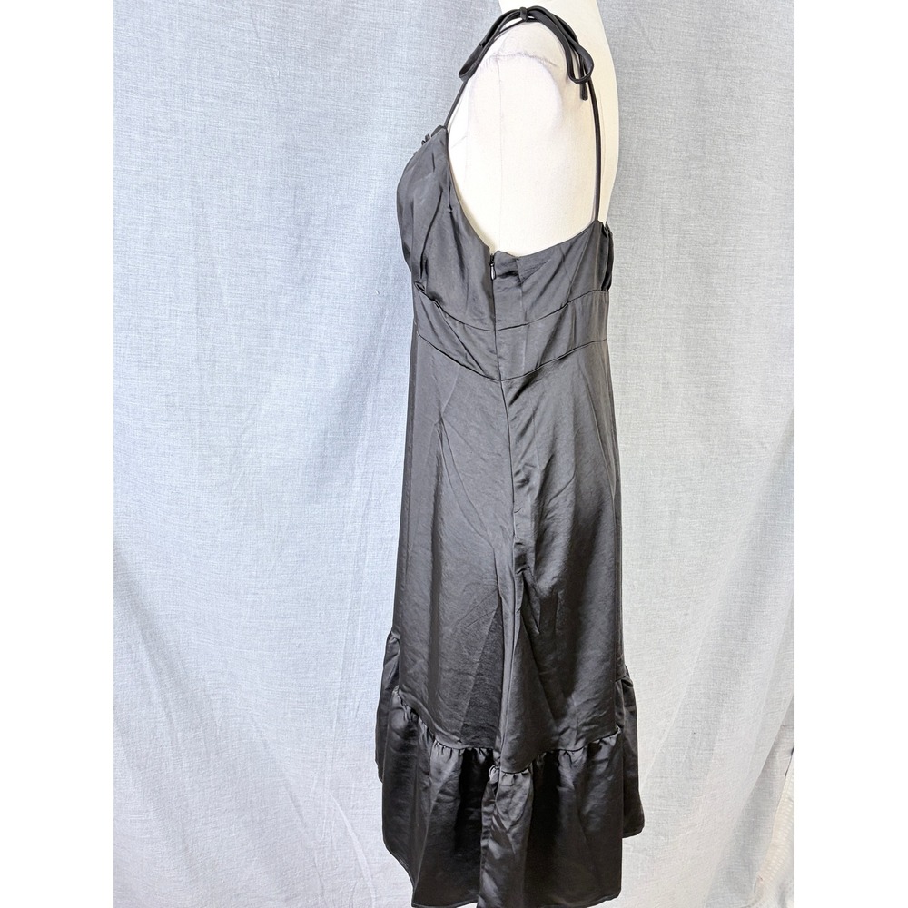 Nine West Black Satin Midi Dress Ruffle V-Neck Empire Waist Tiered Hem Size - Picture 9 of 10